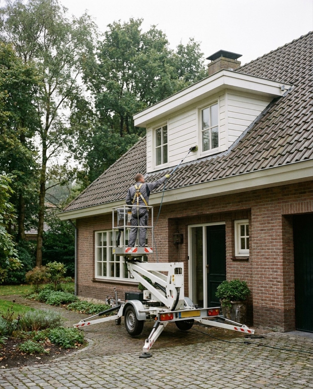 Een vakman van VilaClean reinigt zorgvuldig een dakkapel vanaf een hoogwerker